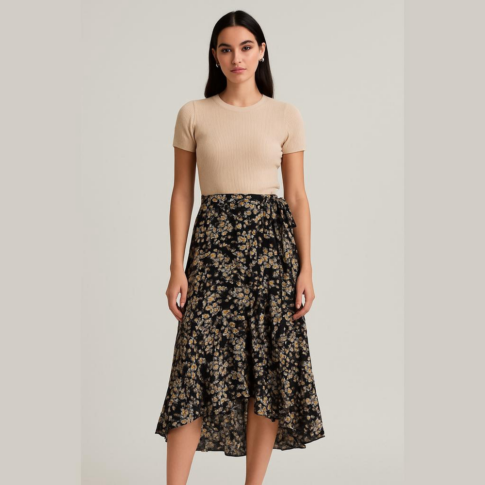 Floral Black Midi Skirt